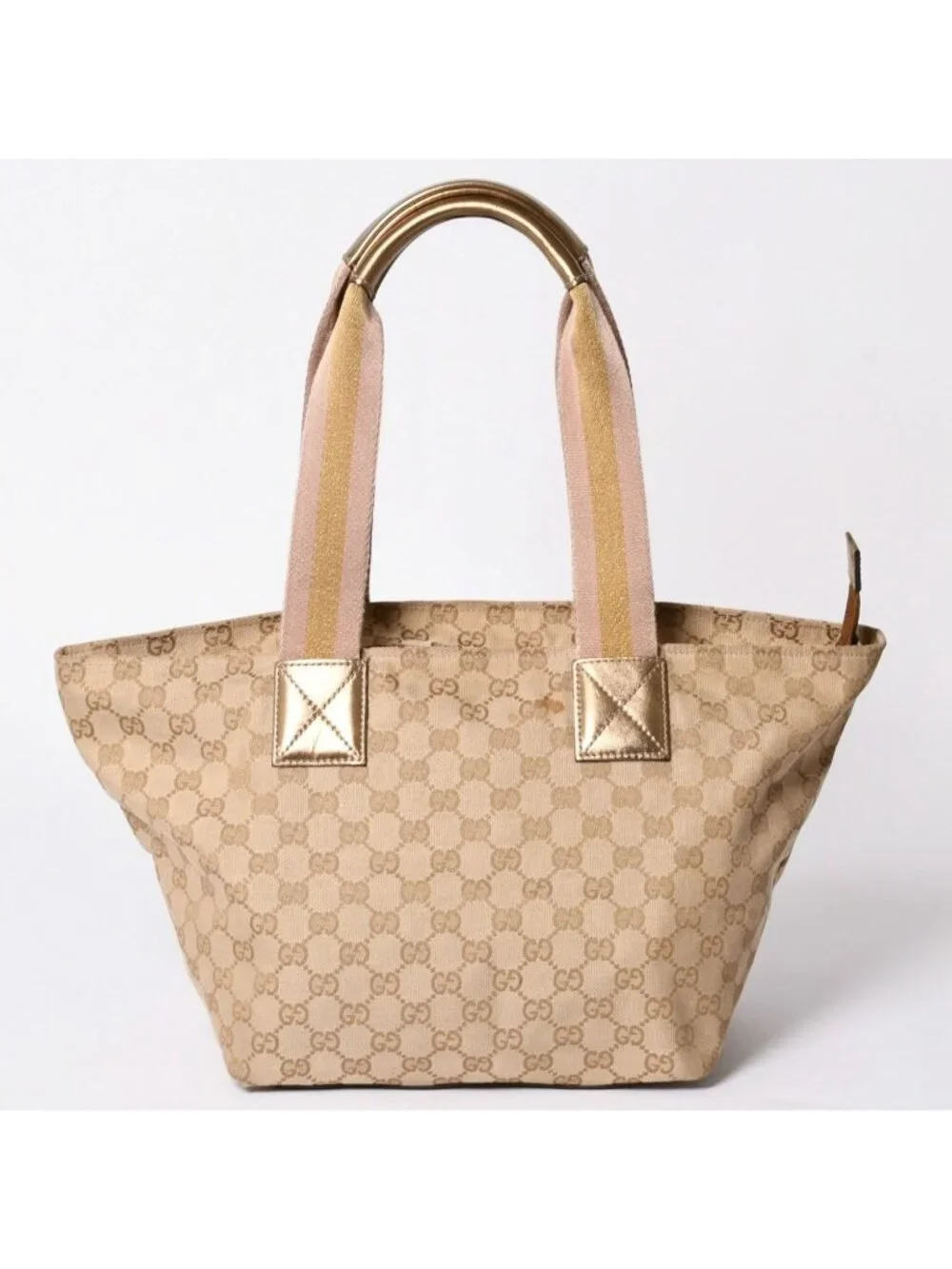 Gucci Tote Bag GG Canvas Beige Gold Blanc
